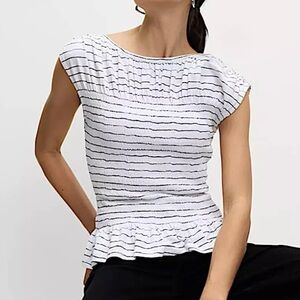 Marks & Spencer Pure Cotton‎ Printed Shirred Top Size 16 Black White Stripe